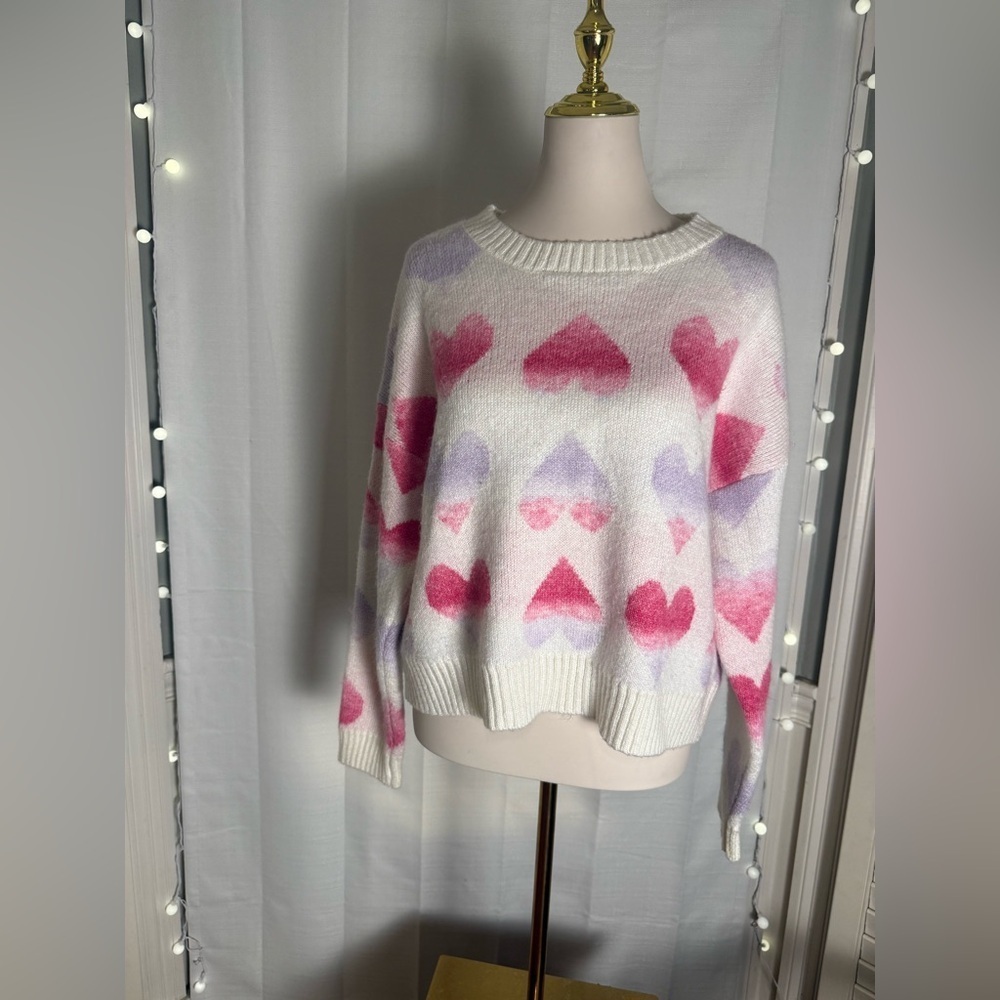 MAJOR Label Group Heart Print Sweater White Pink Purple Women’s Size Large